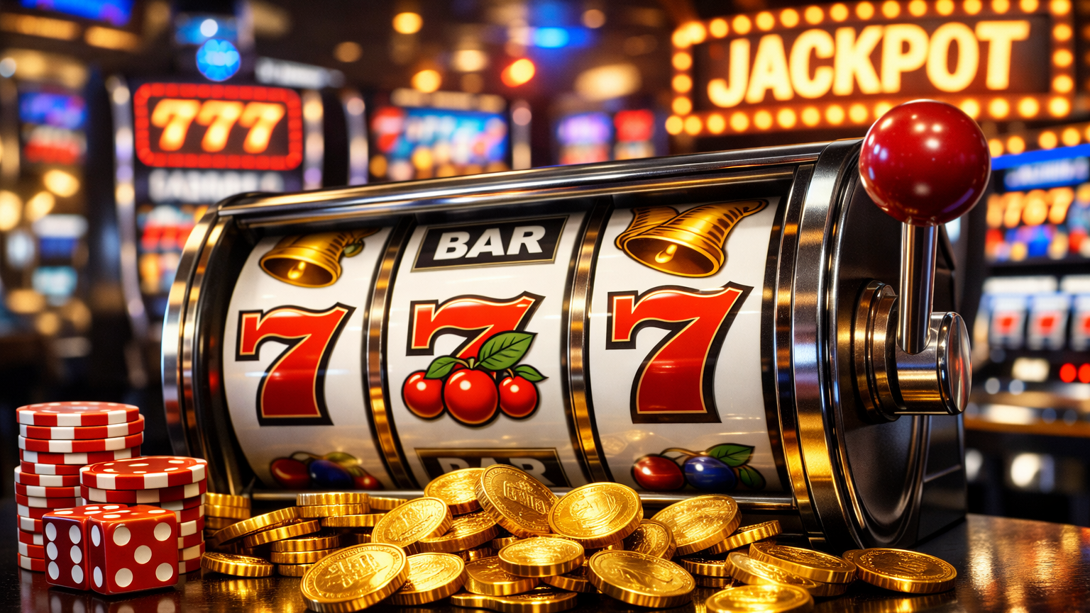 Realistic bright slot machine with 7s, BAR symbol, and gold coins.