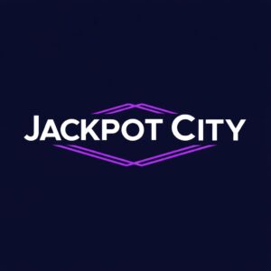 Jackpot City logo with white text and purple geometric diamond lines on a dark blue background