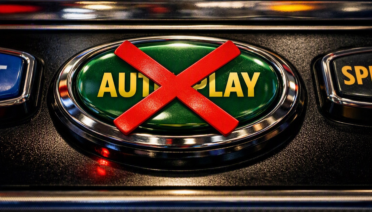 Autoplay slot machine button with a bold red X indicating the feature is prohibited in Ontario.