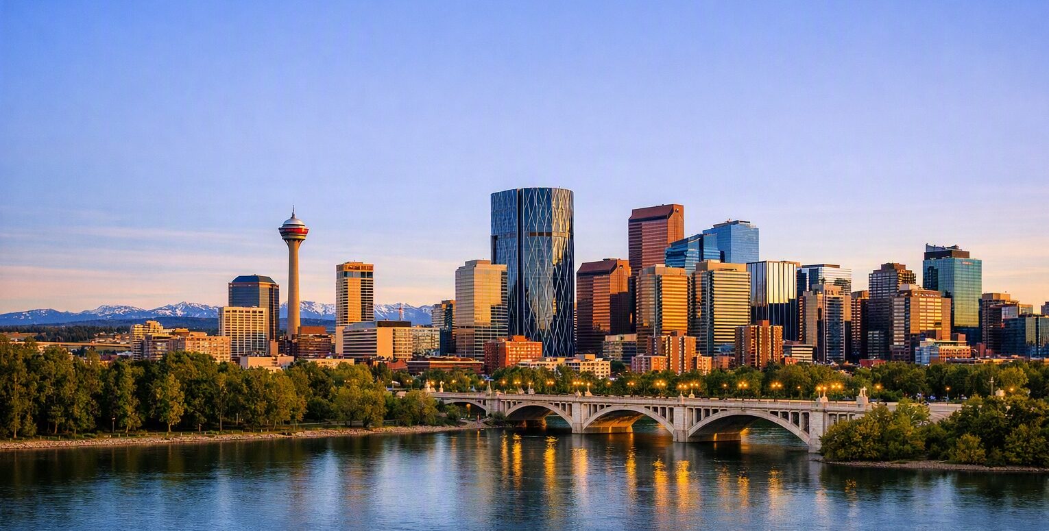 Alberta skyline at sunset showing Calgary Tower and Bow River