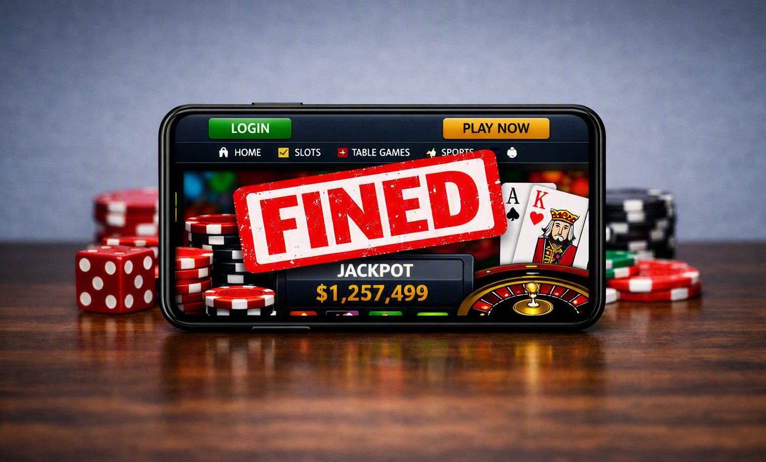 Smartphone showing a digital casino interface with a red FINED banner and jackpot amount, surrounded by poker chips and dice