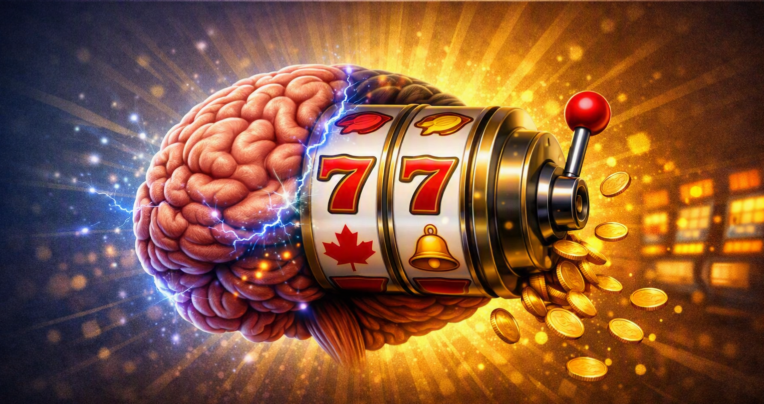Human brain merging into a slot machine with spinning reels and coins spilling out