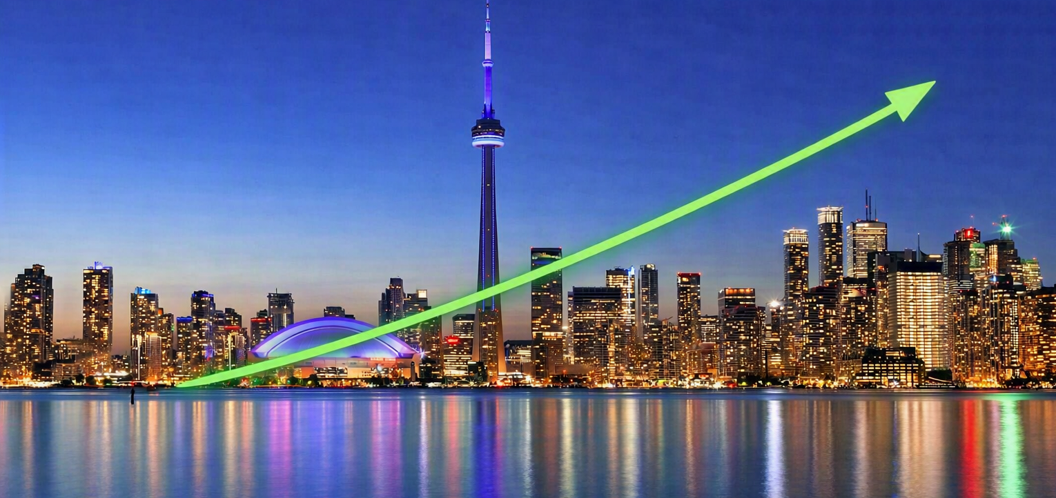 Toronto skyline at night with a large green upward arrow symbolising industry growth