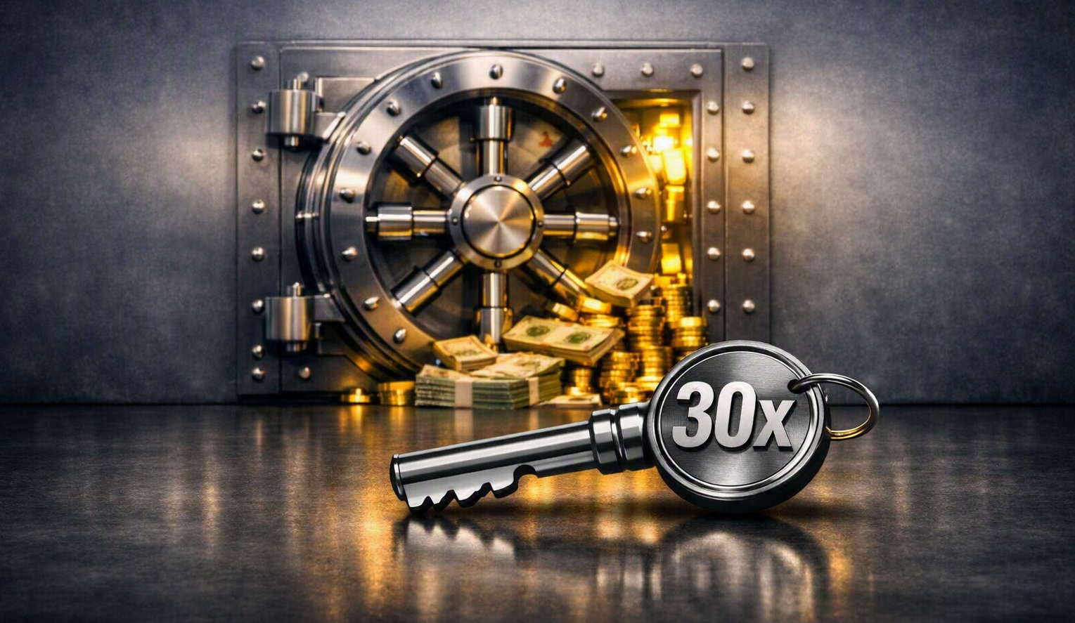 Open vault filled with gold bars and cash with a key labelled 30x in the foreground
