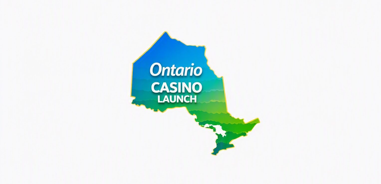 Gradient blue‑green map of Ontario with white text reading “Ontario Casino Launch” centered on the province.